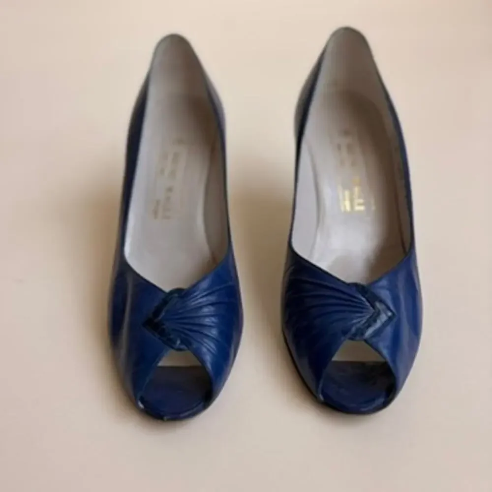 Bruno Magli Navy Peep-Toe Pumps - Ruched Vamp, Made in Italy, Size 7.5
